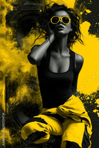 futuristic techno woman with explosive audio energy, cyber music lady with powerful sound burst, electronic female dj with dynamic speaker energy background