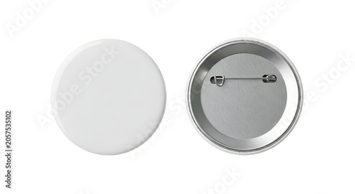 A blank white round pin badge is shown from both the front and the back Isolated on transparent background
