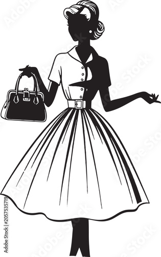 vintage woman holding handbag in retro outfit and hairstyle