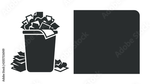 Tableau sur toile A black and white icon showing a trash can overflowing with paper and a blank square