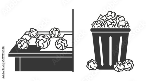 Obraz na plátně A black and white graphic illustration showing crumpled paper balls on a desk and in a trash bin