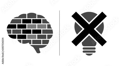 Bild auf Leinwand A conceptual illustration featuring a brick wall brain and a crossed out lightbulb icon