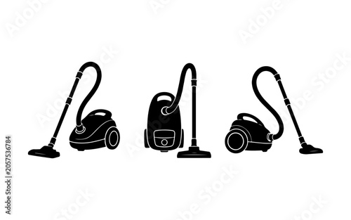 Vacuum Cleaner Silhouette Icon Set with Front, Side and Perspective Views for Cleaning and Household Equipment Design