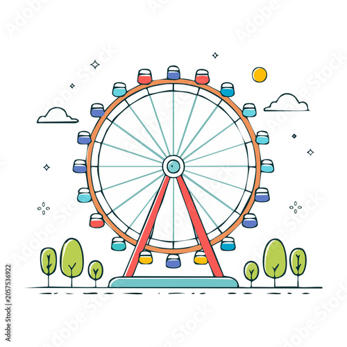 Flat design Ferris wheel illustration with trees and clouds