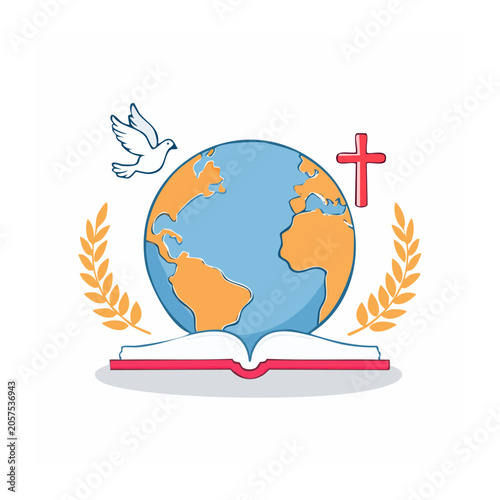 Flat design globe with cross and flames