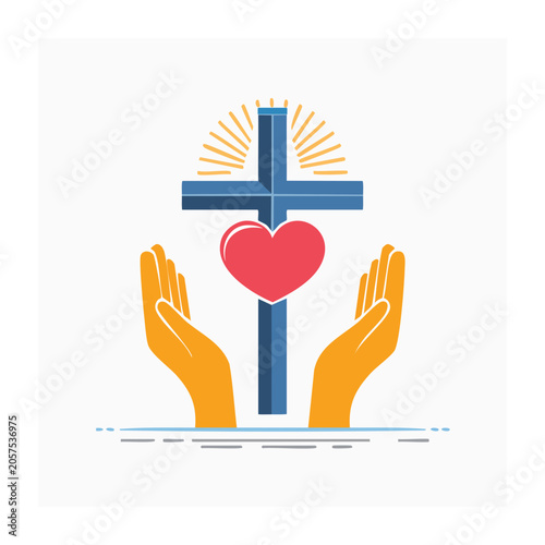 Flat design heart with sun rays and hands