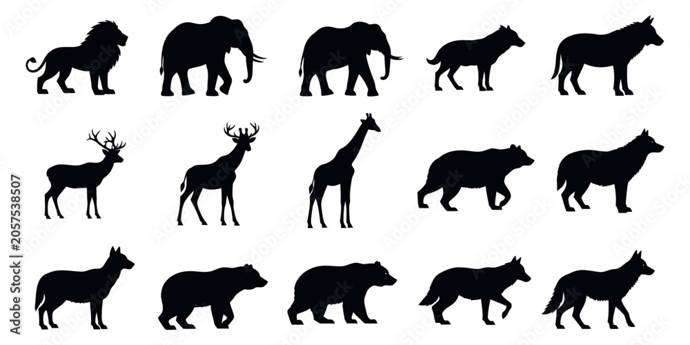 Fototapeta premium Animal silhouettes collection lions elephants deer giraffe wolves and bears vector graphics