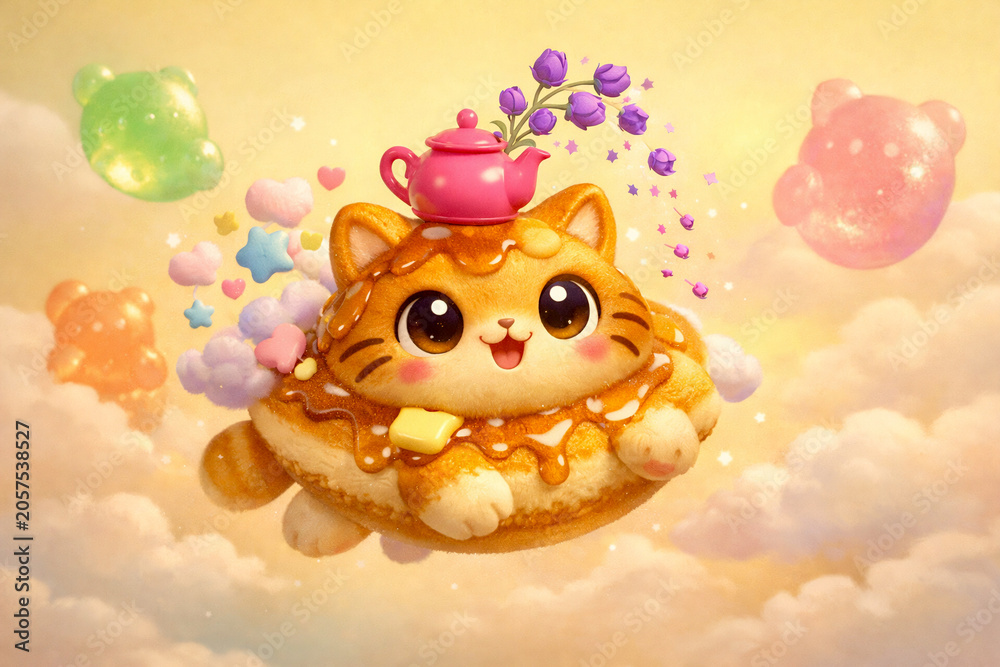 Naklejka premium Whimsical Pancake Cat Floating in a Pastel Fantasy Sky