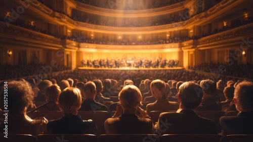 Elegant audience seated in concert hall illuminated by warm golden light, orchestra softly visible on stage, refined cultural evening concept, hyper