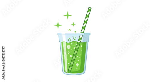 Schilderij op canvas Green drink with straw and bubbles.