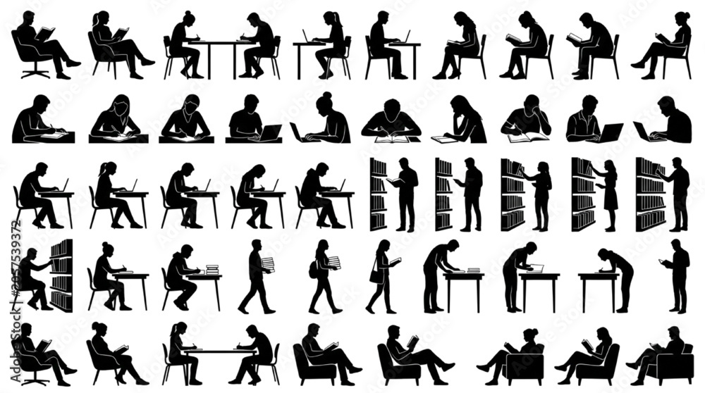 Obraz premium Comprehensive Human Activity Silhouette Collection Featuring Work Exercise Leisure and Daily Life Actions