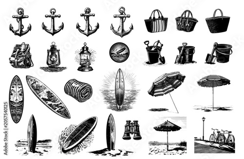 Vintage vector sketch of a beach and surfing icon set. Engraving style digital illustration of summer marine elements including anchor, surfboard, beach umbrella, and lantern.