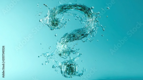 Question mark formed entirely from suspended crystal water splash, bright turquoise background, refreshing dynamic composition, hyper realistic high