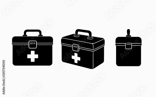 Medical First Aid Kit Silhouette Set Front Perspective and Side View Emergency Healthcare Box Icon Collection
