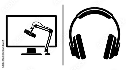 Fotografie Black and white icons representing podcasting equipment including a computer monitor with a microphone and headphones