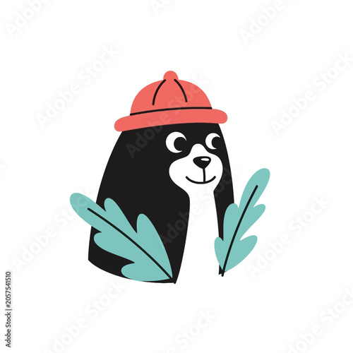 Panda wearing a firefighter hat smiling.