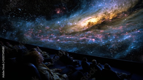 Visitors reclining beneath spectacular projection of stars and galaxies inside modern planetarium, science and culture concept, hyper realistic