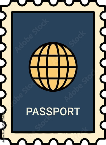 Passport stamp with globe logo.