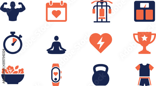 Fitness and Healthy Lifestyle Flat Icon Set with Orange Gym Equipment Yoga and Nutrition Vector Graphics