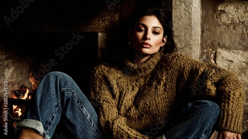 Cozy Autumnal Serenity: A young woman with dark hair, dressed in a chunky knit turtleneck sweater and blue jeans, sits by a crackling fireplace.