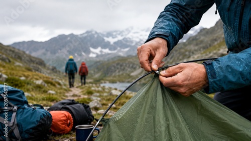 mountain hiking outdoor adventure. real campsite with tent and