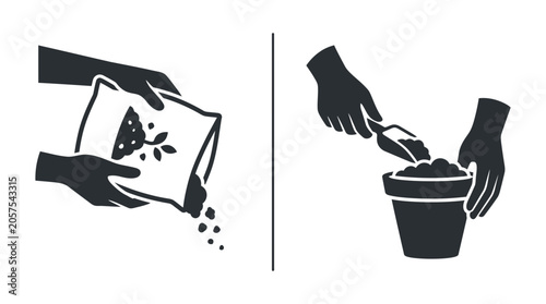 Foto Two-step illustration showing hands pouring soil from a bag into a flower pot