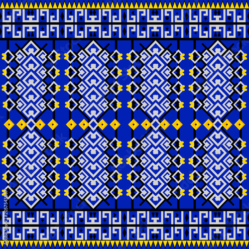 Blue and Gold Geometric Ethnic Seamless Textile Pattern