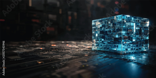 Foto Night city lights and traffic time lapse in modern blue digital cityscape with t