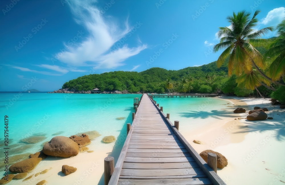 Fototapeta premium Wooden pier extends into turquoise sea bay, sandy beach, green tropical island, clear blue sky with clouds. Peaceful oceanfront walkway leads to paradise.