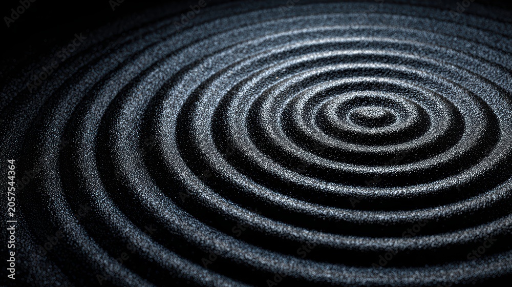 Fototapeta premium Zen Garden Ripple: A close-up, high-angle shot of concentric circular ripples in the sand of a zen garden, conveying a sense of calm and mindfulness.