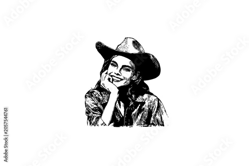 Vintage vector sketch of a smiling cowgirl portrait. Engraving style digital illustration of a happy western woman wearing a cowboy hat, isolated on white background.