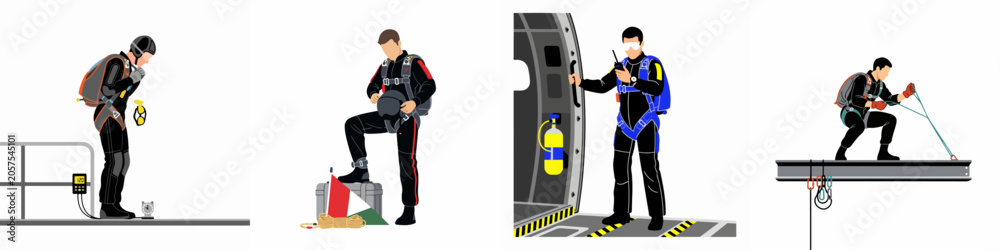 Fototapeta premium Set of illustrations depicting professional skydivers and BASE jumpers in various stages of preparation and action, wearing specialized gear and harnesses.