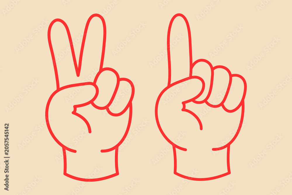 Fototapeta premium Minimalist vector illustration of two hands making number gestures peace sign for two and pointing finger for one, outlined in red on a light background