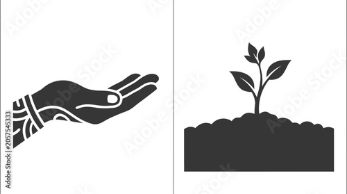 Obraz na płótnie Two separate icons featuring a cupped hand and a small plant growing from soil