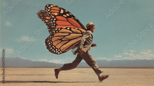 Surreal Gentleman Running Across Desert With Butterfly Wings