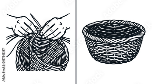 Quadro su tela Handcrafted wicker basket weaving process and finished product illustration