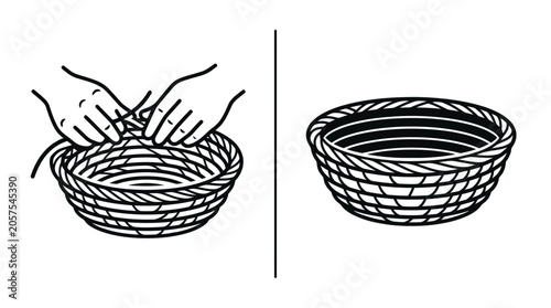 Photography Line art illustration showing the process of weaving a handmade wicker basket