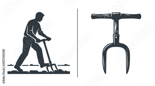 Obraz na plátně A silhouette of a person using a broadfork tool alongside a detailed illustration of the garden tool