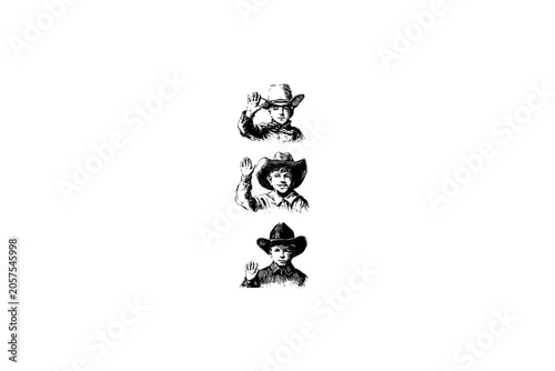 Vintage vector sketch of little cowboy boys set. Engraving style digital illustration of cute young kids waving hands and wearing cowboy hats, isolated on white background.