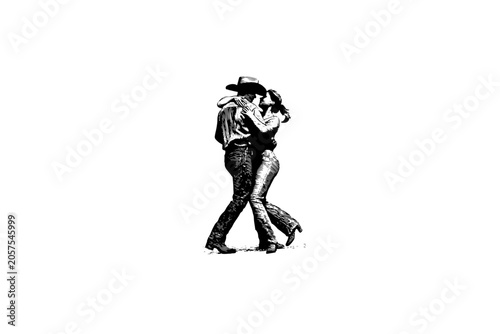 Vintage vector sketch of a cowboy and cowgirl dancing. Engraving style digital illustration of a western country couple line dancing together, isolated on white background.