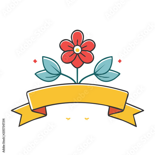 Flat design red flower on yellow table with leaves