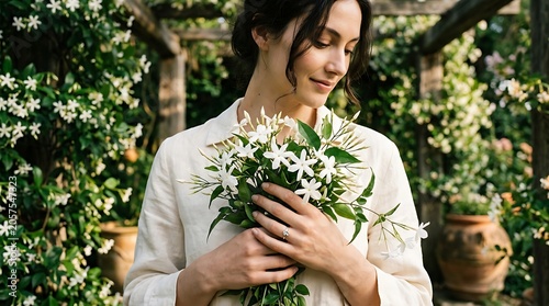 Serene woman holding bouquet of white jasmine flowers in garden