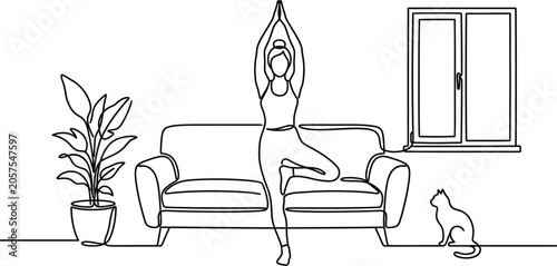 Continuous Line Art of Woman Doing Yoga in Living Room with Cat and Plant