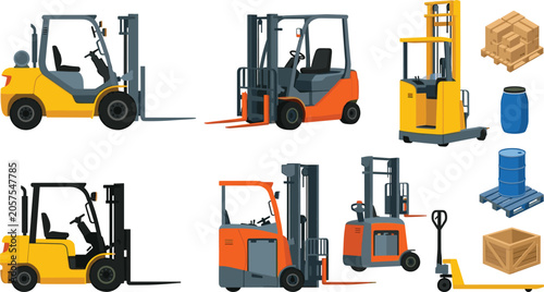 Konstfotografi Forklift Truck and Warehouse Equipment Set with Pallet Jack Cardboard Boxes Wood