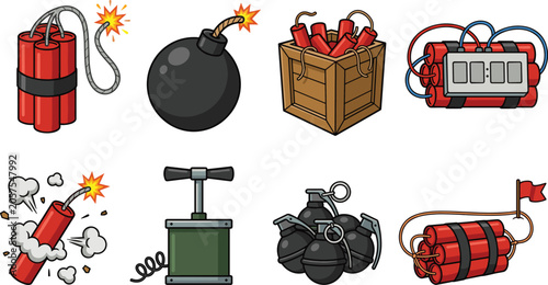 Photos Cartoon Explosive Bomb and Dynamite Icon Set with Burning Fuse Crate Digital Tim