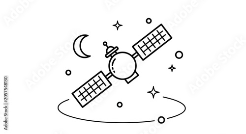 Line art icon of a satellite orbiting Earth in space with stars and moon. Communication technology and global network concept.