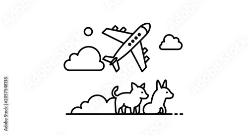 Outline illustration of a plane flying over two dogs, depicting pet travel, animal transportation, and journey concept