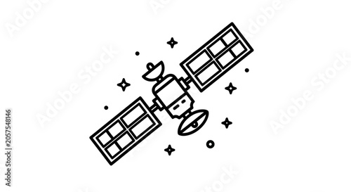 Communication Satellite Line Art Icon Illustration. Outline orbital technology device with solar panels for global network.