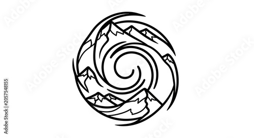 Abstract circular line art illustration of majestic mountains and dynamic swirling elements, symbolizing nature's power and balance.
