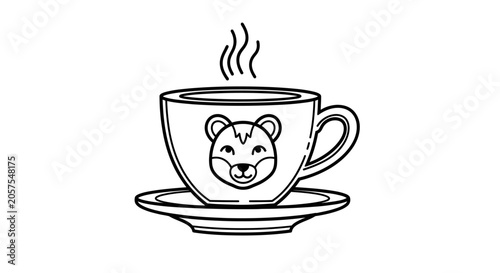Minimalist black and white line art illustration of a steaming hot beverage cup on a saucer, featuring a cute cartoon animal face design, ideal for icons.